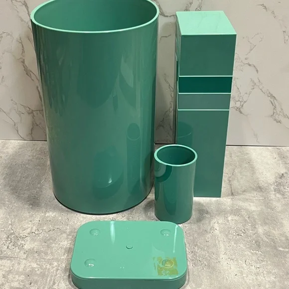 Vintage seafoam teal plastic bathroom accessories waste bin cup soap dish tissue - Picture 8 of 16